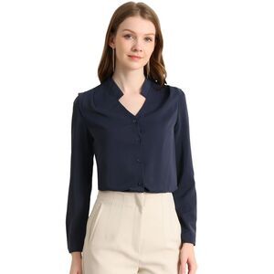 Blouse Button Up Long Sleeve V Neck Chiffon Shirt Navy Blue